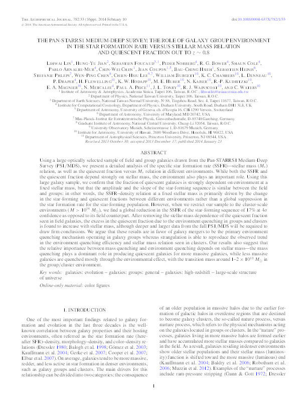 The Pan-STARRS1 Medium-Deep Survey: The Role of Galaxy Group Environment in the Star Formation Rate versus Stellar Mass Relation and Quiescent Fraction out to z ~ 0.8 Thumbnail