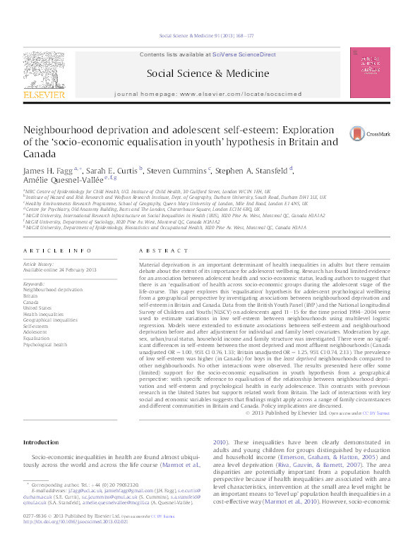 Neighbourhood deprivation and adolescent self-esteem: Exploration of the ‘socio-economic equalisation in youth’ hypothesis in Britain and Canada Thumbnail