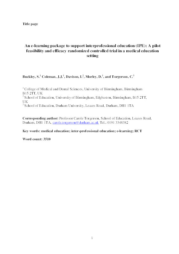 An e-learning package to support interprofessional education: a pilot feasibility and efficacy randomized controlled trial in a medical education setting Thumbnail