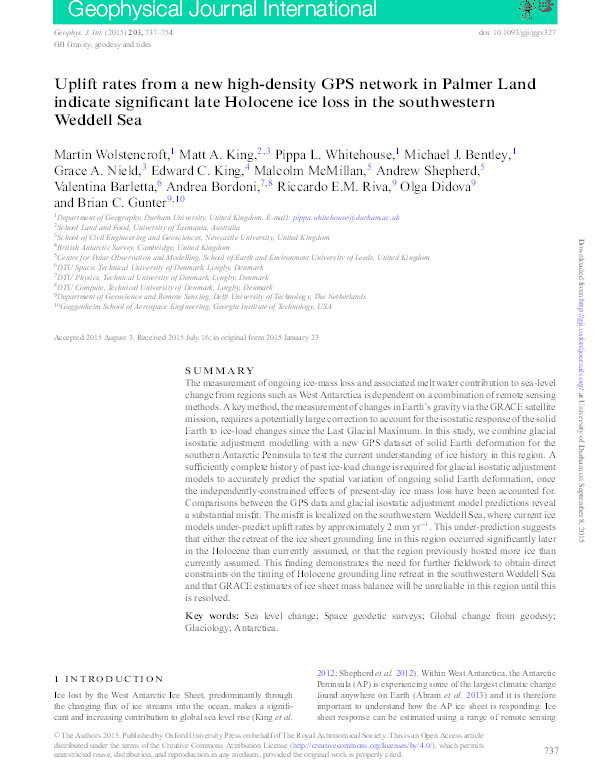 Uplift rates from a new high-density GPS network in Palmer Land indicate significant late Holocene ice loss in the southwestern Weddell Sea Thumbnail