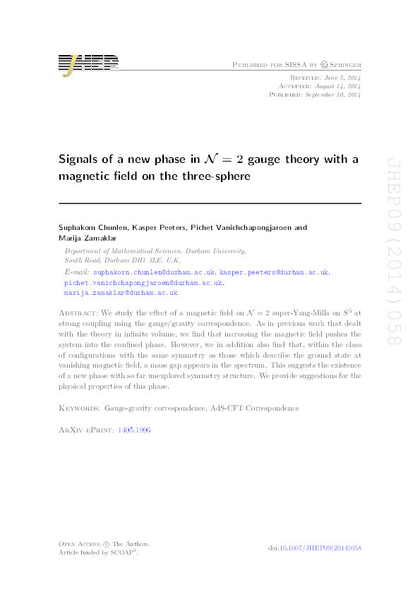 Signals of a new phase in N=2 gauge theory with a magnetic field on the three-sphere Thumbnail
