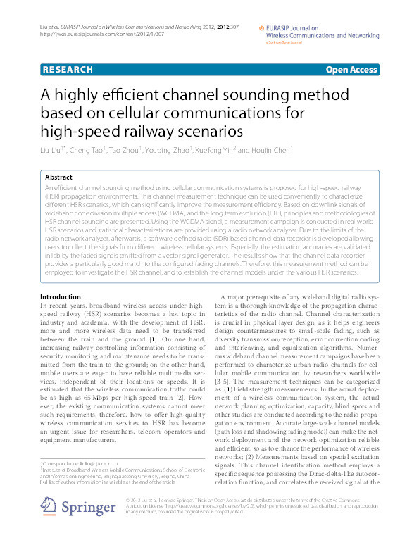 A Highly Efficient Channel Sounding Method Based on Cellular Communications for High-Speed Railway Scenarios Thumbnail