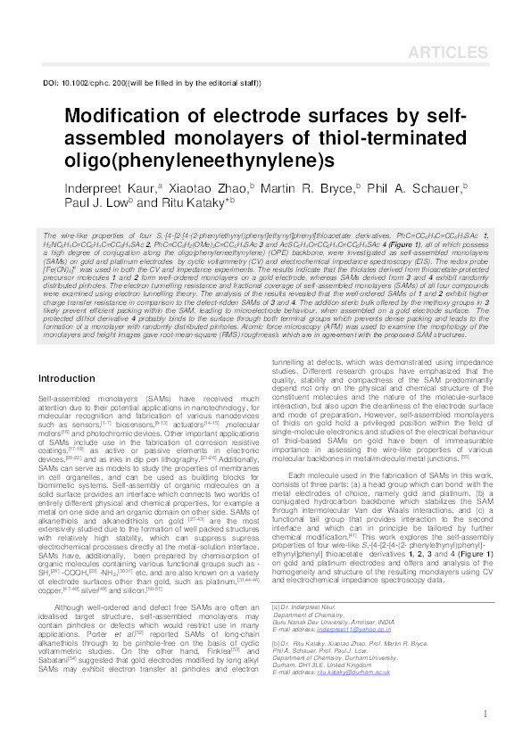 Modification of Electrode Surfaces by Self-Assembled Monolayers of Thiol-Terminated Oligo(Phenyleneethynylene)s Thumbnail