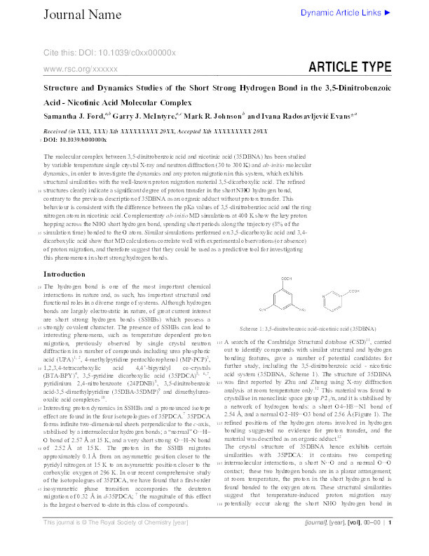 Structure and dynamics studies of the short strong hydrogen bond in the 3,5-dinitrobenzoic acid-nicotinic acid molecular complex Thumbnail