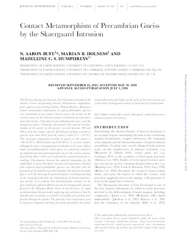 Contact metamorphism of Precambrian gneiss by the Skaergaard Intrusion Thumbnail