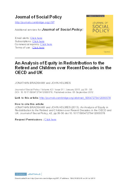 An analysis of equity in redistribution to the retired and children over recent decades in the OECD and the UK Thumbnail