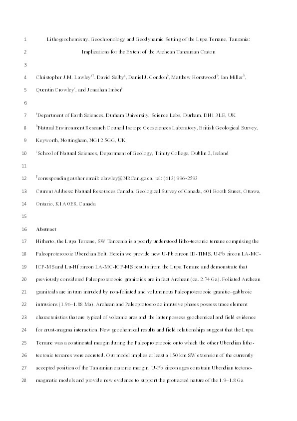 Lithogeochemistry, Geochronology and Geodynamic Setting of the Lupa Terrane, Tanzania: Implications for the Extent of the Archean Tanzanian Craton Thumbnail