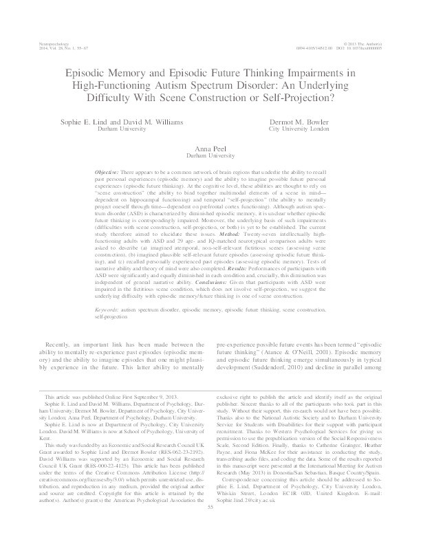 Episodic memory and episodic future thinking impairments in high-functioning autism spectrum disorder: An underlying difficulty with scene construction or self-projection? Thumbnail