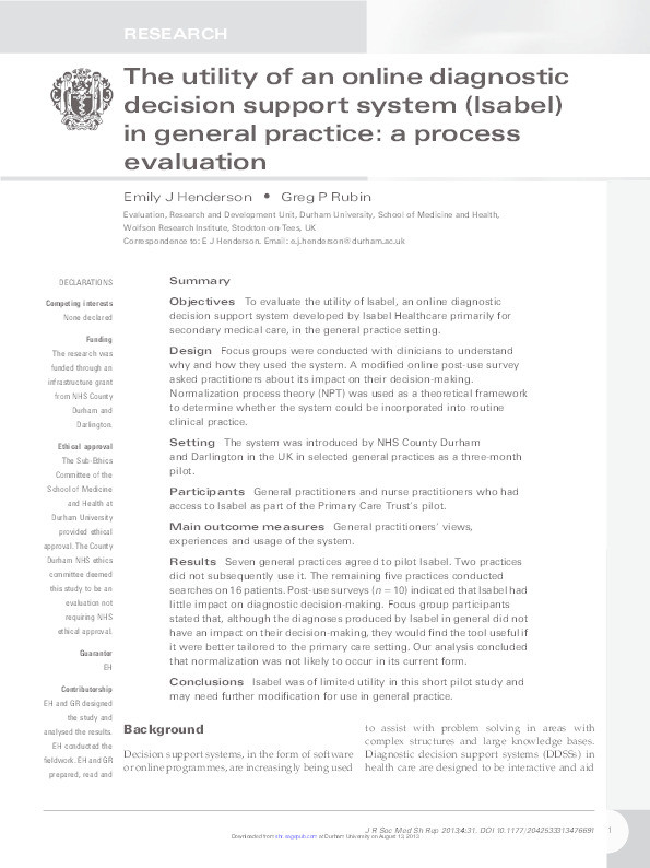 The utility of an online diagnostic decision support system (Isabel) in general practice: A process evaluation Thumbnail
