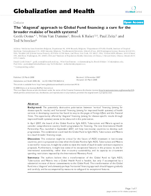 The ‘diagonal’ approach to Global Fund financing: A cure for the broader malaise of health systems? Thumbnail