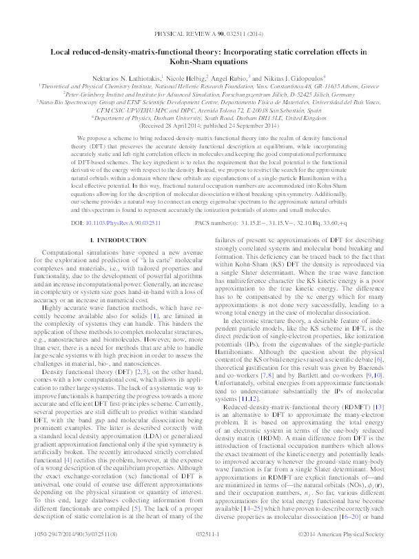 Local reduced-density-matrix-functional theory: Incorporating static correlation effects in Kohn-Sham equations Thumbnail