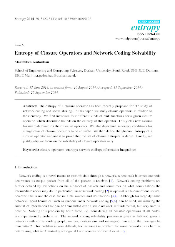 Entropy of Closure Operators and Network Coding Solvability Thumbnail