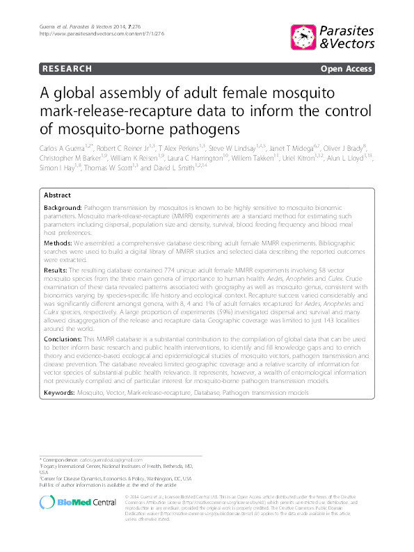 A global assembly of adult female mosquito mark-release-recapture data to inform the control of mosquito-borne pathogens Thumbnail