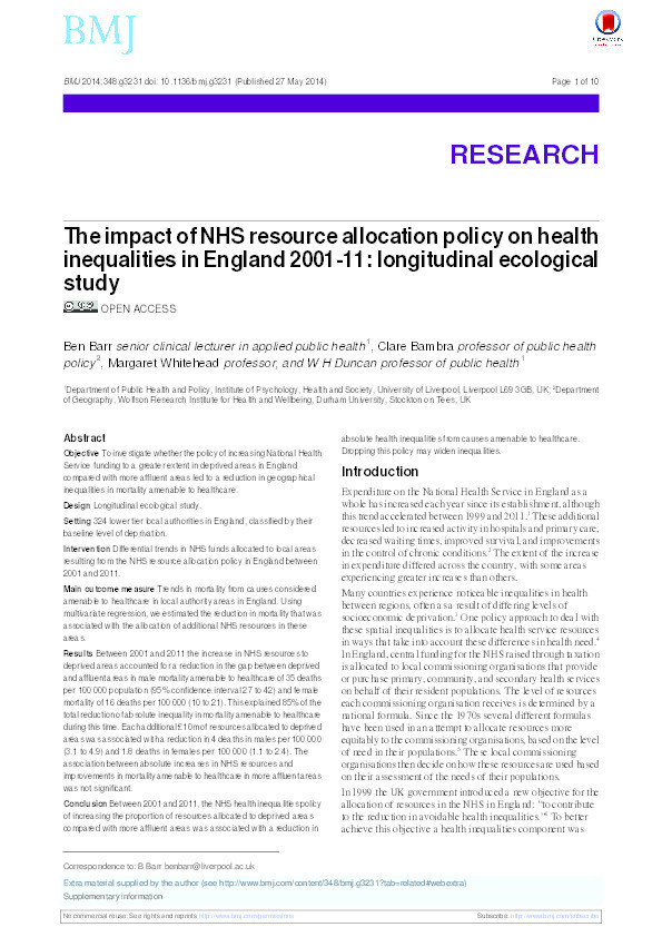 The impact of NHS resource allocation policy on health inequalities in England 2001-2011: longitudinal ecological study Thumbnail