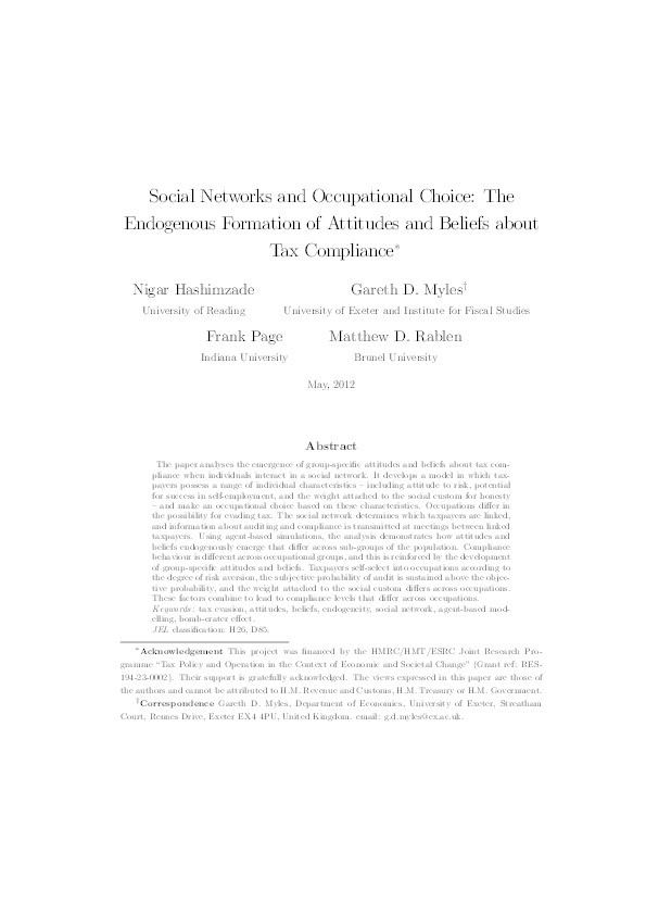 Social Networks and Occupational Choice: The Endogenous Formation of Attitudes and Beliefs about Tax Compliance Thumbnail