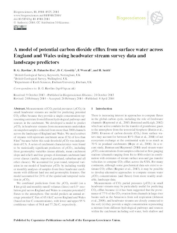 A model of potential carbon dioxide efflux from surface water across England and Wales using headwater stream survey data and landscape predictors Thumbnail