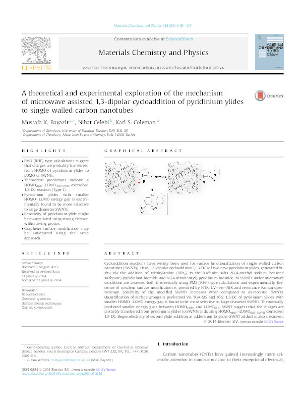 A theoretical and experimental exploration of the mechanism of microwave assisted 1,3-dipolar cycloaddition of pyridinium ylides to single walled carbon nanotubes Thumbnail
