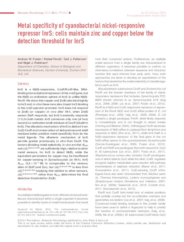 Metal specificity of cyanobacterial nickel-responsive repressor InrS: cells maintain zinc and copper below the detection threshold for InrS Thumbnail