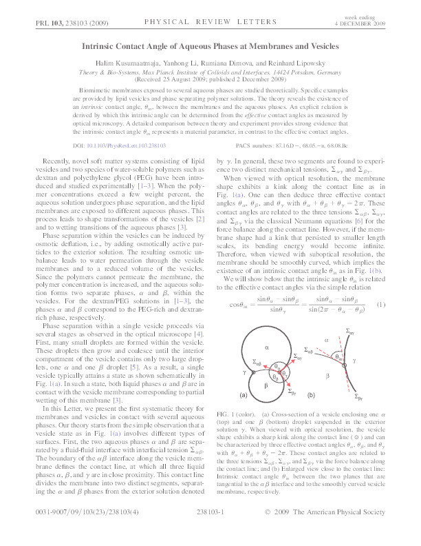 Intrinsic contact angle of aqueous phases at membranes and vesicles Thumbnail