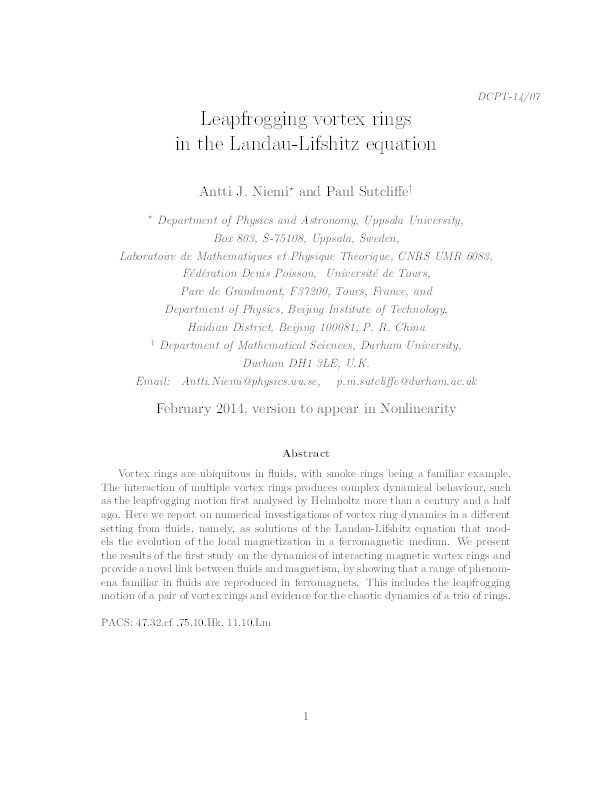 Leapfrogging vortex rings in the Landau–Lifshitz equation Thumbnail