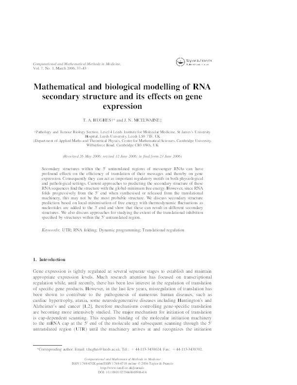 Mathematical and Biological Modelling of RNA Secondary Structure and Its Effects on Gene Expression Thumbnail