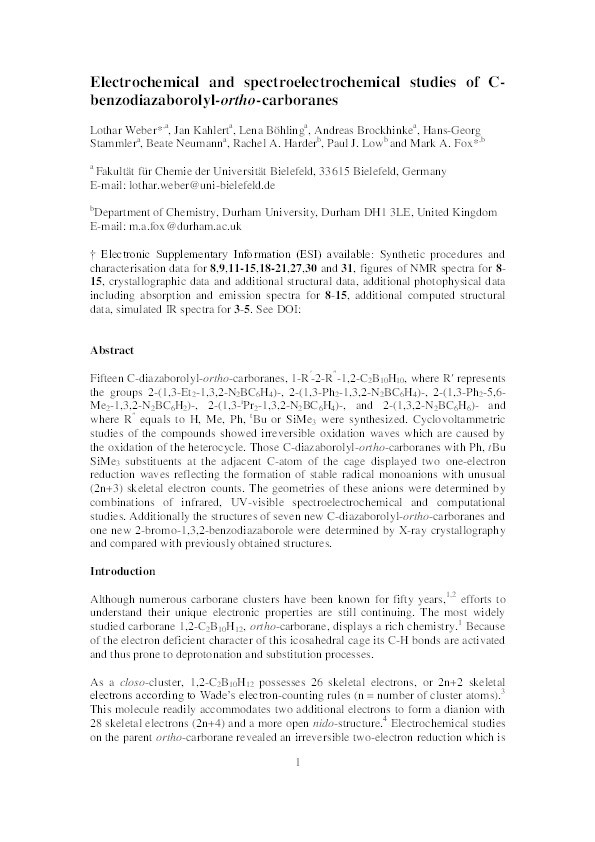 Electrochemical and spectroelectrochemical studies of C-benzodiazaborolyl-ortho-carboranes Thumbnail