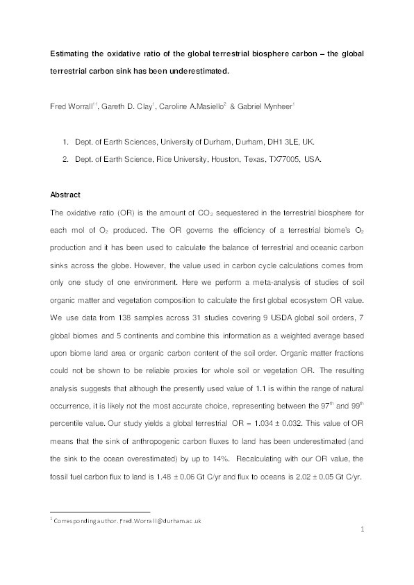 Estimating the oxidative ratio of the global terrestrial biosphere carbon Thumbnail