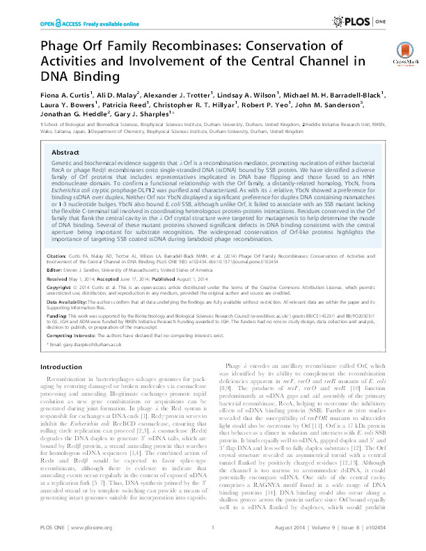 Phage Orf family recombinases: conservation of activities and involvement of the central channel in DNA binding Thumbnail