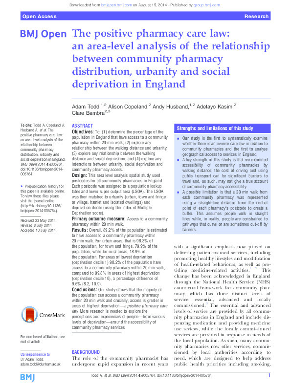 The positive pharmacy care law: an area-level analysis of the relationship between community pharmacy distribution, urbanity and social deprivation in England Thumbnail