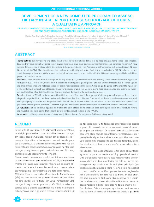 Development of a new computer program to assess dietary intake in Portuguese school-age children: a qualitative approach. = Desenvolvimento de um novo instrumento online de avalicao do consumo alimentar para criancas Portuguesas em idade escolar: abordagem qualitativa Thumbnail