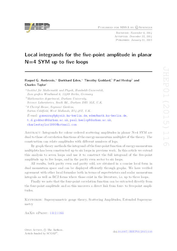 Local integrands for the five-point amplitude in planar N=4 SYM up to five loops Thumbnail
