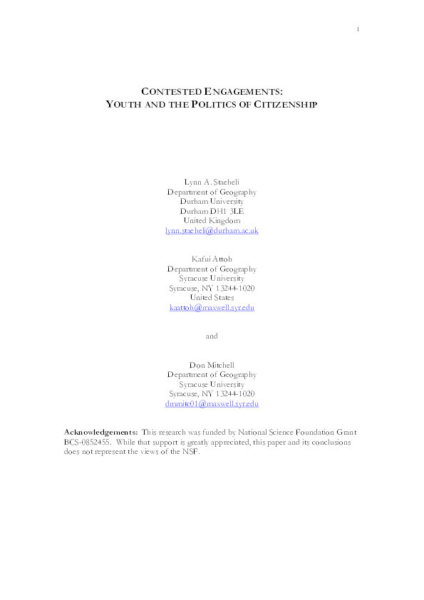 Contested Engagements: Youth and the Politics of Citizenship Thumbnail