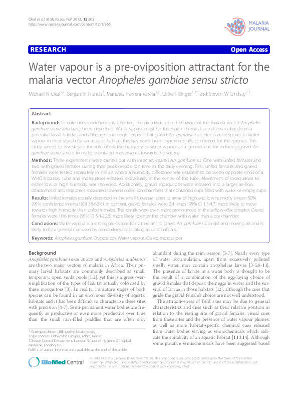 Water vapour is a pre-oviposition attractant for the malaria vector Anopheles gambaie sensu stricto Thumbnail