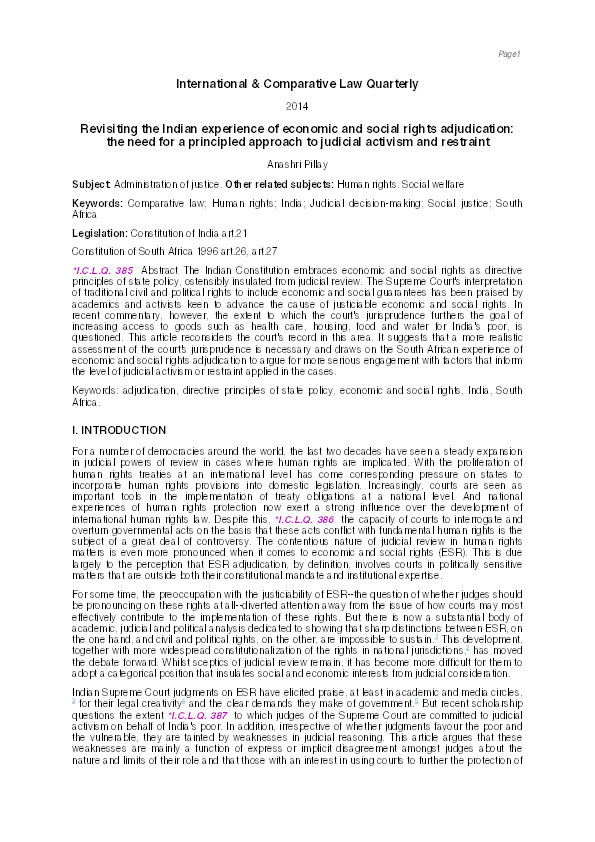 Revisiting the Indian Experience of Economic and Social Rights Adjudication: the Need for a Principled Approach to Judicial Activism and Restraint Thumbnail