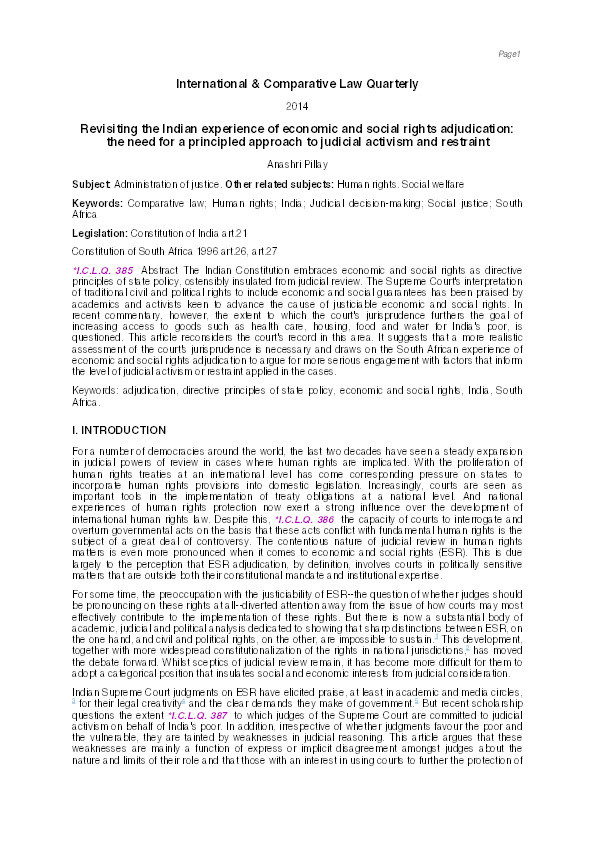 Revisiting the Indian Experience of Economic and Social Rights Adjudication: the Need for a Principled Approach to Judicial Activism and Restraint Thumbnail