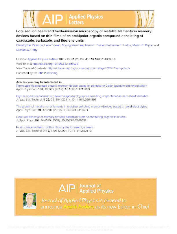 Focused ion beam and field-emission microscopy of metallic filaments in memory devices based on thin films of an ambipolar organic compound consisting of oxadiazole, carbazole and fluorene units Thumbnail