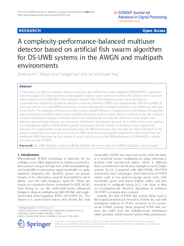 A complexity-performance-balanced multiuser detector based on artificial fish swarm algorithm for DS-UWB systems in the AWGN and multipath environments Thumbnail