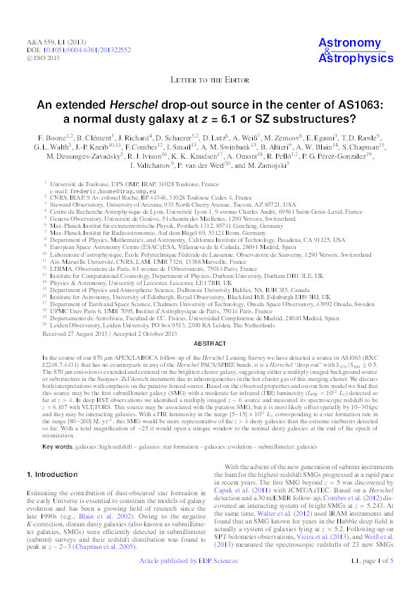 An extended Herschel drop-out source in the center of AS1063: a normal dusty galaxy at z = 6.1 or SZ substructures? Thumbnail