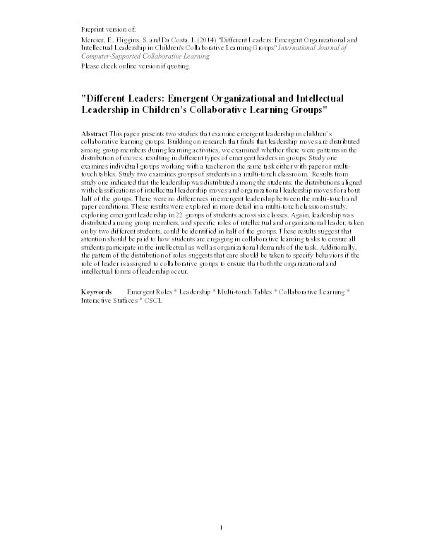 Different leaders: Emergent organizational and intellectual leadership in children’s collaborative learning groups Thumbnail