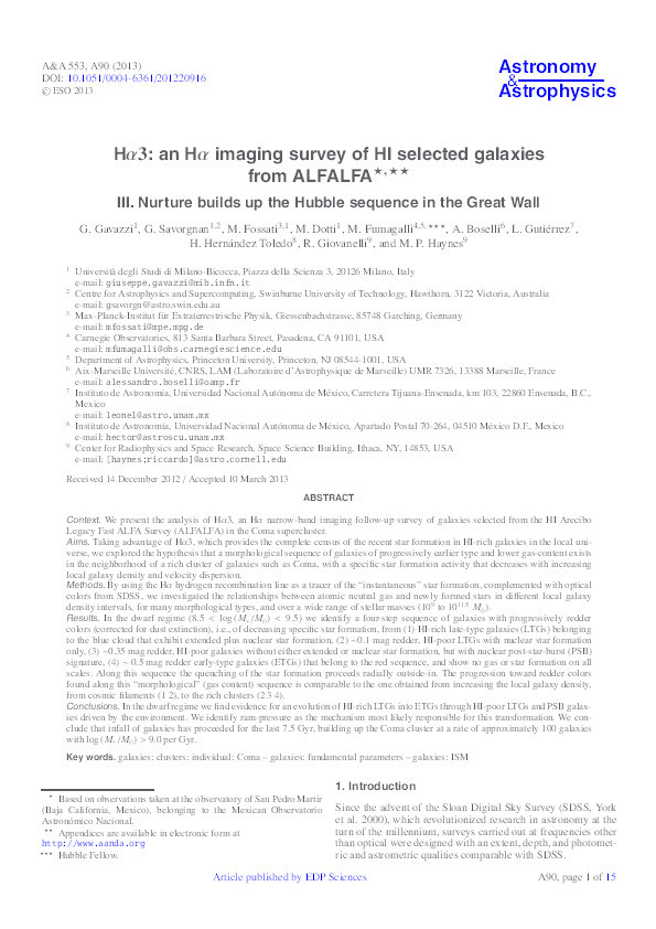 Hα3: an Hα imaging survey of HI selected galaxies from ALFALFA. III. Nurture builds up the Hubble sequence in the Great Wall Thumbnail