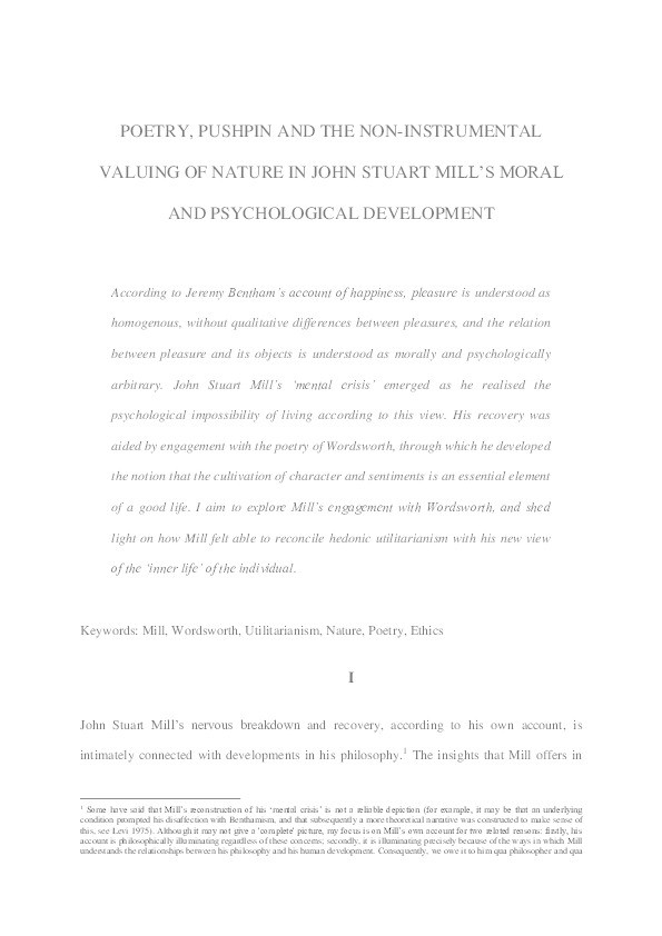 ‘A Medicine for my State of Mind’: The Role of Wordsworth in John Stuart Mill's Moral and Psychological Development Thumbnail