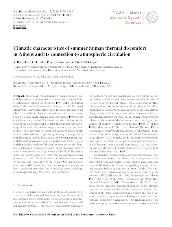 Climatic characteristics of summer human thermal discomfort in Athens and its connection to atmospheric circulation Thumbnail