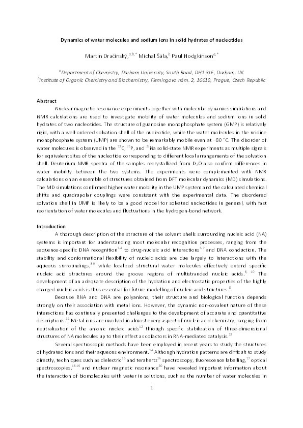 Dynamics of water molecules and sodium ions in solid hydrates of nucleotides Thumbnail