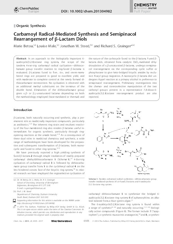 Carbamoyl Radical-Mediated Synthesis and Semipinacol Rearrangement of β-Lactam Diols Thumbnail