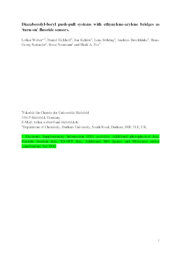 Diazaborolyl-boryl push–pull systems with ethynylene–arylene bridges as ‘turn-on’ fluoride sensors Thumbnail