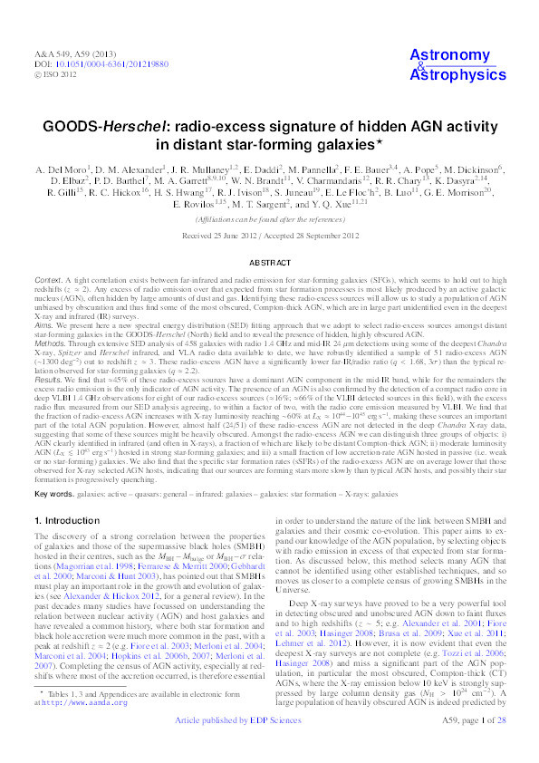 GOODS-Herschel: radio-excess signature of hidden AGN activity in distant star-forming galaxies Thumbnail