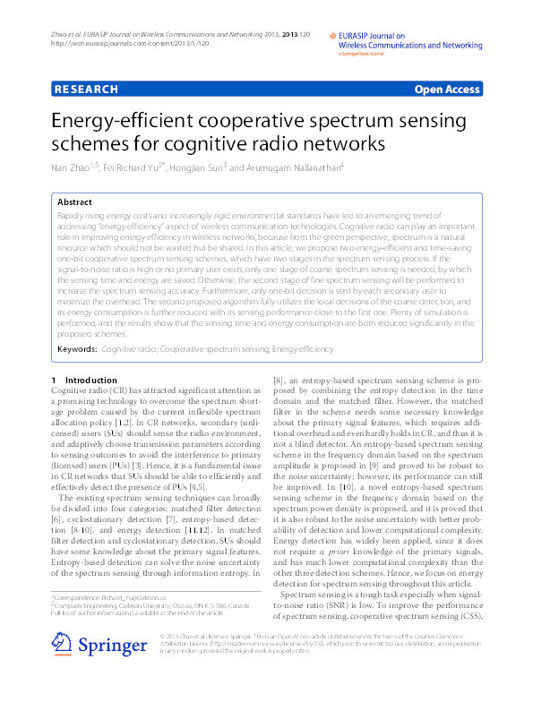 Energy-efficient cooperative spectrum sensing schemes for cognitive radio networks Thumbnail