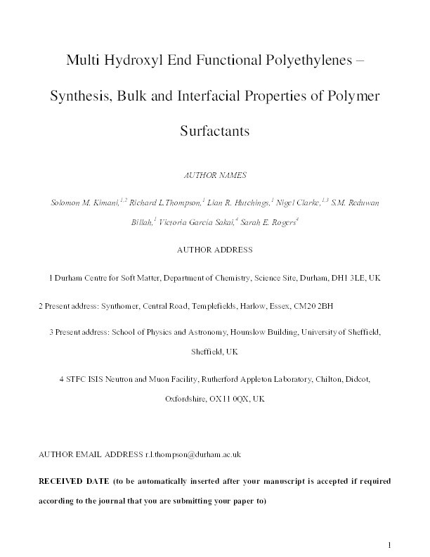 Multihydroxyl End Functional Polyethylenes: Synthesis, Bulk and Interfacial Properties of Polymer Surfactants Thumbnail