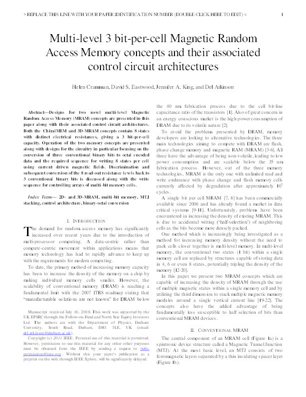 Multilevel 3 Bit-per-cell Magnetic Random Access Memory Concepts and Their Associated Control Circuit Architectures Thumbnail