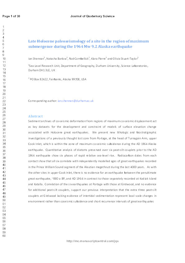 Late Holocene paleoseismology of a site in the region of maximum submergence during the 1964 Mw 9.2 Alaska earthquake Thumbnail